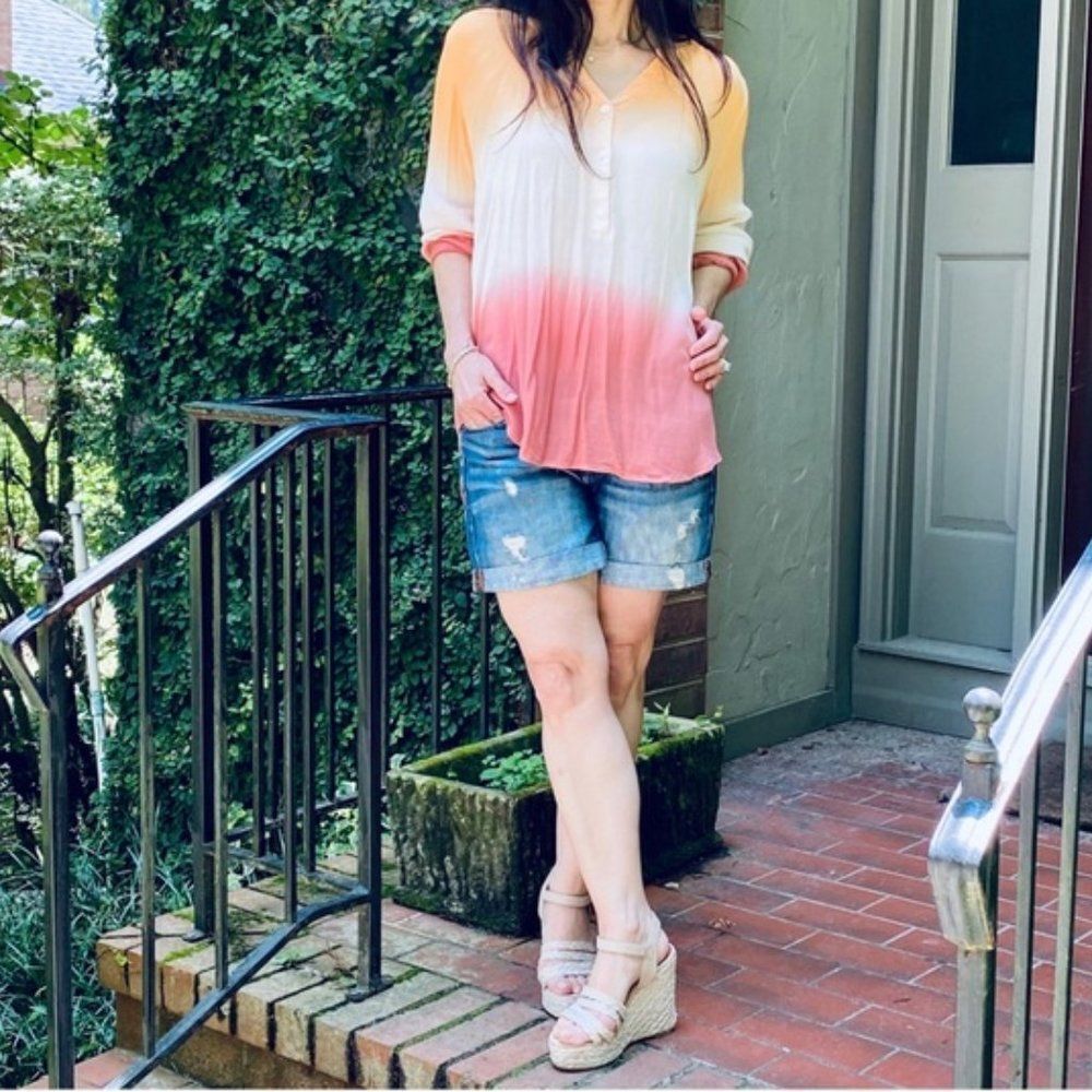 Boho V-Neck Tunic Ombre` Button Front Dip Dye Top NEW - Picture 7 of 12